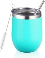 12 oz Insulated Wine Tumbler with Lid and Straw,Stainless Steel Stemless Wine Tumbler Glasses Double Wall Vacuum Wine Cups Tumbler for Coffee,Champaign,Office（Mint Green,1） - Image 2