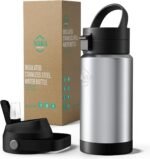 12oz Insulated Water Bottle with Straw, Kids Stainless Steel Double Walled Vacuum Sports Water Bottle with 3 Lids (Straw and Spout Lid) for Boys and Girls, School(Black) - Image 2