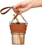 13 oz Tumbler Water Glass, Water Bottle with Straw and Dustproof Lid, Coffee Ice Cup Double Wall Insulated Glass Cup (Amber with Sleeve and Strap) - Image 2