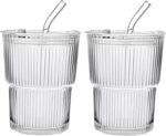 13oz/400ML Glass Tumbler with Straw and Lid Ribbed Vertical Ice Coffee Cups Sealed Carry on for Coffee Iced Tea, Thick Wall Glassware Tumbler Water Glass (2pcs) - Image 2
