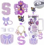 15PCS Cup Accessories Set for Stanley Cup 30oz 40oz Tumbler with Handle, Including Silicone Straw Cover and Boot, Handle Charm,Stanley Charms, Initials Sticker,Spill Proof Stopper (S, Purple) - Image 2