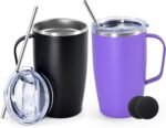 16oz Coffee Mug with Handle, 2Pack Insulated Coffee Tumblers with Lid and Straw, Double Wall Vacuum Travel Coffee Mug with Handle for Coffee Tea Milk Fruit Juice, Black&Purple - Image 2
