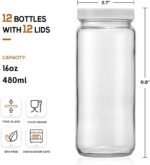 12 PACK, 16 OZ Glass Juice Bottles with Airtight Lids, Bonus 2 Straws & Perforated Lids, Reusable Juicer, Juicing Bottles - Clear Drinking Jars Cups, Water Bottle, Travel Juice Container, White Caps - Image 3