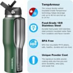 40 oz Insulated Water Bottle with Straw fit in Car Cup Holder(Cold 48 hrs, Hot 24 hrs) Drinking Bottle with Straw Lid, Spout Lid and Flex Cap Leakproof Travel Thermo Mug，Olive - Image 3