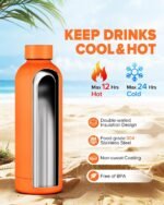 Insulated Water Bottle with Lid, 17 oz Reusable Leak-Proof Metal Stainless Steel Water Bottles for Travel, Sports, Gym, Outdoor (Orange) - Image 3