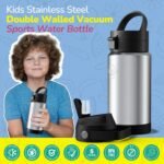 12oz Insulated Water Bottle with Straw, Kids Stainless Steel Double Walled Vacuum Sports Water Bottle with 3 Lids (Straw and Spout Lid) for Boys and Girls, School(Black) - Image 3