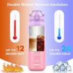 Stainless Steel Insulated Water Bottle 32oz with Handle, 1L Double Wall Insulated Bottle with Time Marker BPA Free, 1000ml Metal Water Flask for Outdoor Working School PURPLE PINK - Image 4