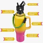 BJPKPK Insulated Water Bottles with Straw Lid, 40oz Metal Water Bottle with 2 lids & Paracord Strap, Double Wall Stainless Steel Tumbler with Handle, Reusable Cups, Mugs, Thermo, Pink & Yellow Rose - Image 3