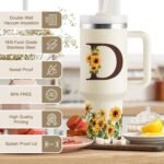 Birthday Gifts for Women - Monogrammed 40 oz Sunflower Tumbler With Handle & Straw - Personalized Gifts for Mom, Wife, Sister, Friend, Coworkers - Initial Cup - Image 4