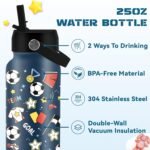 Soccer Gifts for Boy, 25 oz Soccer Water Bottle with 2 Lid & Straw - Football Stainless Steel Water Bottles, BPA-free Leakproof Insulated Kids Sports Waters Bottle for School, Gift Cup for Kids - Image 3