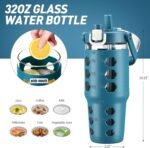 MUKOKO 32 oz Glass Tumbler with Straw,Glass Water Bottles with Time Marker,Iced Coffee Cup with Silicone Sleeve,Motivational Drinking Bottles,Leakproof-Steel Blue - Image 4