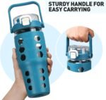 MUKOKO 32 oz Glass Tumbler with Straw,Glass Water Bottles with Time Marker,Iced Coffee Cup with Silicone Sleeve,Motivational Drinking Bottles,Leakproof-Steel Blue - Image 6