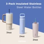 CAROTE 3-Pack Insulated Stainless Steel Water Bottles with Upgraded Leakproof Tech, Travel Coffee Tumplers with Straw, 34/24/24 oz Heart Paradise Straw Tumbler Set of Three (Blue) - Image 3