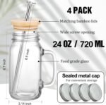 24 oz Mason Jar Cups with Handles, Wide Mouth Iced Coffee Cup with Bamboo Lids & Straws, Large Glass Bottle Mug Drinking Jars Tumbler for Smoothie Cold Water Juice Party Beverages, Set of 4 - Image 3