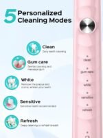 COSLUS Sonic Electric Toothbrush for Kids & Adults: 47000 VPM for Deep Cleaning & Whitening with Travel Case - 5 Modes for Sensitive Teeth & Braces, Wireless Charging, 6 Brush Heads, Pink (1PC) - Image 5