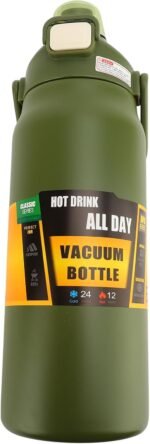 304 Stainless Steel Insulated 1.5L, Straw Lid Handle Reusable Wide Mouth Vacuum Bottle for Gym Fitness (Dark Green) - Image 8