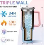 40 oz Water Bottle Tumbler with Lid and Straw - Wide Mouth Travel Coffee Mug with Handle, Reusable Leakproof Stainless Steel Vacuum Insulated Cup Keep Cold 34 Hrs Hot 10 Hrs - Image 3