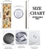 Bee and Flower Stainless Steel Insulated Tumbler with Lid - 20oz Nature Lovers Travel Mug,Reusable Metal Straw & Brush, Double-Wall Vacuum Bottle Cup for Hot and Cold Drinks Gifts - Image 3