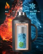 Half Gallon Water Bottle with Straw and Lid, 64 oz Insulated Stainless Steel Jug with Handle,Reusable Metal Travel Flask Mug Cup With Carry Pouch and Brush,Keep Cold & Hot,Black - Image 4