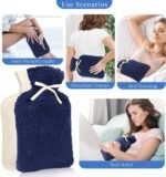 Hot Water Bottle with Cover for Pain Relif, Rubber Hot Water Bag 2L with Sleep Mask for Bed Neck Cramps Hot Compress Cute Fleece Blue Cover - Image 5