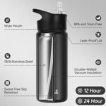 HASLE OUTFITTERS Insulated Water Bottle 16 oz Double Wall Vacuum Stainless Steel Water Bottle Leak Proof for School Wide Mouth with Straw Lid & Spout Lid Keeps Cold and Hot(Black,4pack) - Image 3