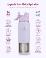 24 oz Insulated Water Bottle with Shoulder Strap, Stainless Steel Tumbler with 2-in-1 Straw & Spout Lid, Fashion Water Flask for Women & Girls. Keep Cold 24H / Hot 12H, BPA Free (Light Purple, 24 oz) - Image 3