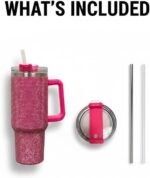 THIRSTEE 40 oz Rhinestone Tumbler with Lid and Metal Straw, Hot Pink Insulated Stainless Steel Cup, Leak Proof Travel Mug, Sparkly Water Bottle for Women, Collectible Gift for School, Work, Gym - Image 3