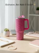 THIRSTEE 40 oz Rhinestone Tumbler with Lid and Metal Straw, Hot Pink Insulated Stainless Steel Cup, Leak Proof Travel Mug, Sparkly Water Bottle for Women, Collectible Gift for School, Work, Gym - Image 5