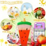 Queekay 6 Pcs Water Bottles with Straws for Kids Watermelon Adjustable Strap Leakproof Plastic Watermelon Ice Cream Camera Bread Biscuits Shaped Water Bottle for School Travel - Image 3