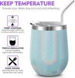 THILY Vacuum Insulated Stemless Wine Glass Stainless Steel 12 oz Wine Tumbler with Spill Proof Lid, Straw, Cute Cup, Keep Cold & Hot for Coffee, Cocktails, Drinks, Glitter Light-Blue - Image 4