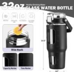 BLUEGO 32oz Glass Water Bottle with Handle and Straw|Leakproof Sports Glass Bottle with Time Marker and Silicone Sleeve|Glass Drinking Bottle for Travel, Gym, Workout, Black - Image 4