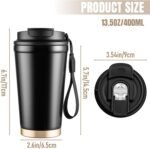 Insulated Travel Coffee Mug, 13oz Leakproof Coffee Tumblers With Strap & 2-In-1 Lids, Vacuum-Insulated Stainless Steel Reusable Coffee Cup For Hot & Cold Drinks(Black) - Image 3