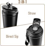 Insulated Travel Coffee Mug, 13oz Leakproof Coffee Tumblers With Strap & 2-In-1 Lids, Vacuum-Insulated Stainless Steel Reusable Coffee Cup For Hot & Cold Drinks(Black) - Image 4