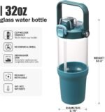 Glass Tumbler with Carry Handle, Clear Glass Water Bottle with Leakproof Lid, Spout Lid&Straw, BPA-Free, 32 oz, Peacock Blue - Image 3