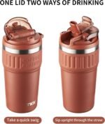 TKK Insulated Coffee Mug with Ceramic Coating, 21oz Iced Coffee Tumbler Cup with Straw Lid Double Wall Vacuum Leak Proof Travel Mug with Strap for Hot and Iced Beverage, Red - Image 4