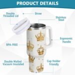 ALAZA Gold Crown 40 oz Tumbler Stainless Steel Water Bottle Vacuum Insulated Cup with Straw Lid & Handle For Travel Car Cup Holder - Image 4