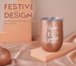 60th Birthday Gifts for Women, Her - Cheers to 60 Years - 12 oz/350 ml Stainless Steel Wine Tumbler with Straw and Lid - Women's Happy 60th Birthday Gifts Ideas - (Rose Gold) - Image 3