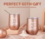 60th Birthday Gifts for Women, Her - Cheers to 60 Years - 12 oz/350 ml Stainless Steel Wine Tumbler with Straw and Lid - Women's Happy 60th Birthday Gifts Ideas - (Rose Gold) - Image 7