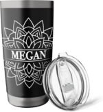 Mandala Travel Mug Black White Personalized Name Megan Stainless Steel Insulated Tumbler - Image 6