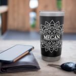 Mandala Travel Mug Black White Personalized Name Megan Stainless Steel Insulated Tumbler - Image 8