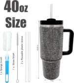 40oz Bling Tumbler with Handle and Straw Lid Rhinestone Studded Tumbler Cups Vacuum Insulated Stainless Steel Double Wall Water Bottle Travel Mug Gifts for Women Her (Black) - Image 3