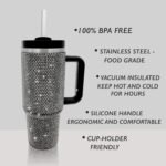 40oz Bling Tumbler with Handle and Straw Lid Rhinestone Studded Tumbler Cups Vacuum Insulated Stainless Steel Double Wall Water Bottle Travel Mug Gifts for Women Her (Black) - Image 4