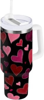 Boccsty Valentine's Day Pink Hearts Insulated Tumblers Reusable Stainless Steel Tumbler 40 oz Cup Coffee Travel Mug Water Bottle with Handle & Flip Straw for Home Office Car - Image 3