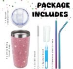 Bling Rhinestone Tumbler 20oz Stainless Steel Studded Glitter Thermal Cup with Leak proof Lid and Straws Double Wall Vacuum Insulated Portable Travel Coffee Mug (Pink) - Image 3