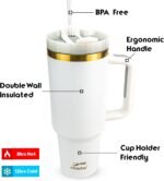 40oz Stainless Steel Travel Tumbler With Gold Accent| Double-Wall Vacumm Insulated Tumbler With Straw, Lid & Handle (White) - Image 5