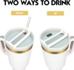 40oz Stainless Steel Travel Tumbler With Gold Accent| Double-Wall Vacumm Insulated Tumbler With Straw, Lid & Handle (White) - Image 6