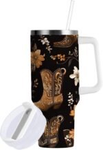 Western Cowboy Boots 40 oz Tumbler Flowers Insulated Travel Mug with Handle and Straw Lid Stainless Steel Vacuum Coffee Cup Tea Beverage Container Water Bottles for Car Sports office - Image 3