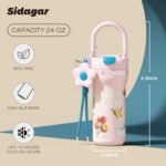 24 oz Tumbler with Handle and Straw, Stainless Steel Insulated Water Tumbler, Aesthetic Floral Coffee Mug for Women, Yoga & Commute, Heart Charm Accessory - Bloom Pink - Image 3