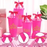 8 Set Birthday Party Glitter Tumblers 24 oz Birthday Squad Queen Plastic Tumblers with Lid Straw and Twist Bow for Squad Party Favor Decorations for Women(Rose Red) - Image 5
