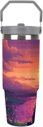 Digital Cat Enjoy The Sunset Portable Tumbler with Lid And Straw 30oz Insulated Water Bottle Car Drinking Cups - Image 4